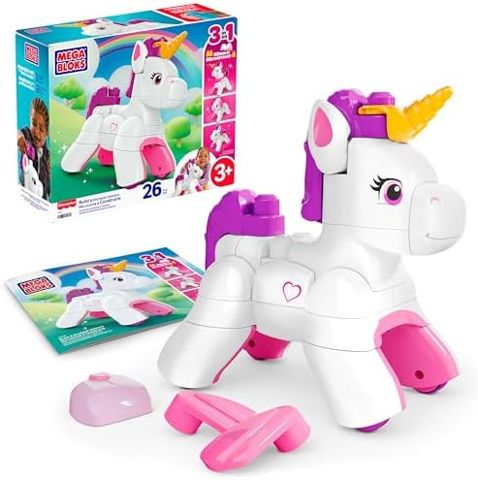 3-in-1 block unicorn with golden horn on rolling wheels
