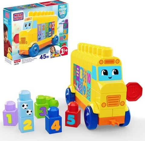 Yellow block school bus with numbered toddler blocks