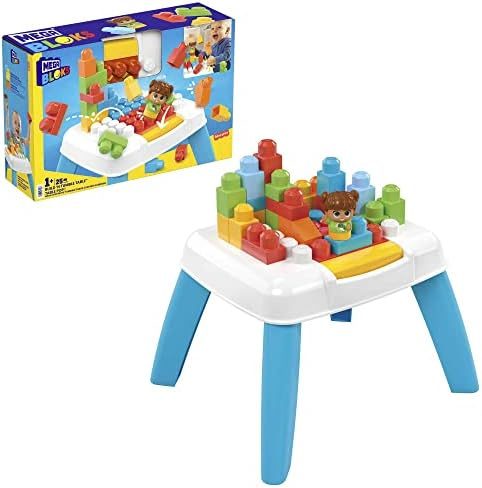 Blue Build n Tumble table with toddler blocks and figure