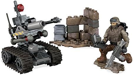 Tracked assault drone in a ruined battle scene with masked soldier