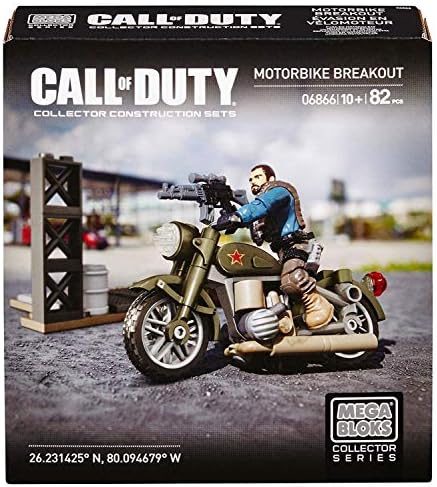 Alex Mason micro figure riding a buildable military motorbike