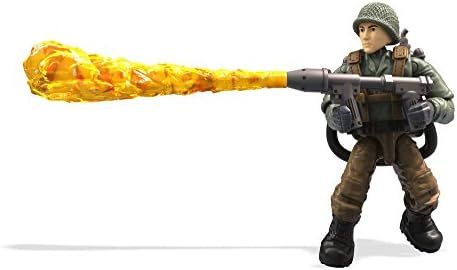 WWII soldier micro figure firing a flamethrower with flame jet