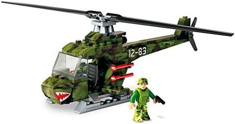 Military helicopter building set with launcher and pilot figure
