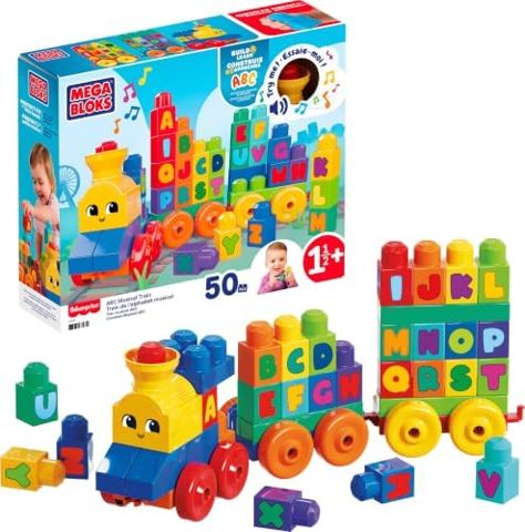 Musical ABC train with alphabet blocks and smokestack