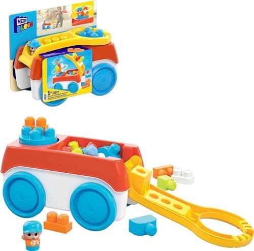 Spinning pull wagon toy with stacked toddler blocks