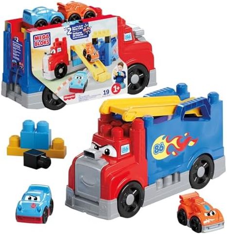 Red toddler race rig with two block race cars