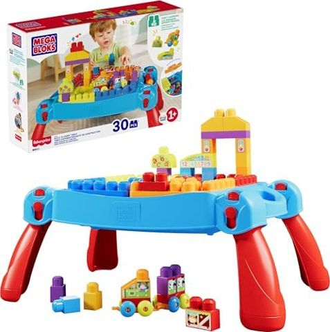 Blue toddler activity table with blocks and rolling car