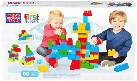Box of eighty primary colored First Builders blocks