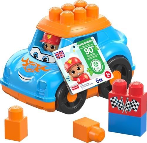 Blue toddler race car with big blocks and driver