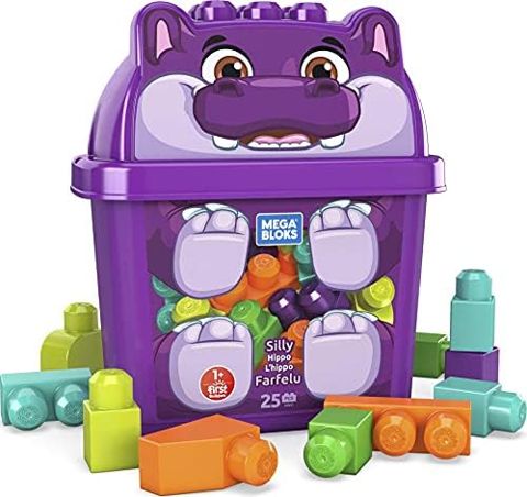 Silly Hippo bucket with colorful toddler building blocks