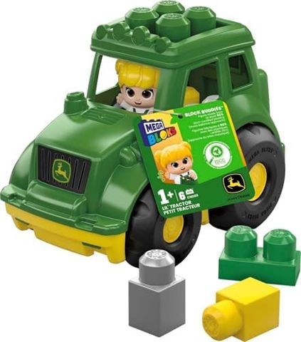 Green John Deere toddler tractor with blocks and figure