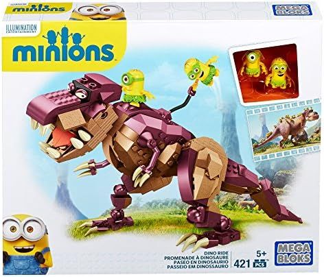 Two Minions in grass skirts riding a dinosaur