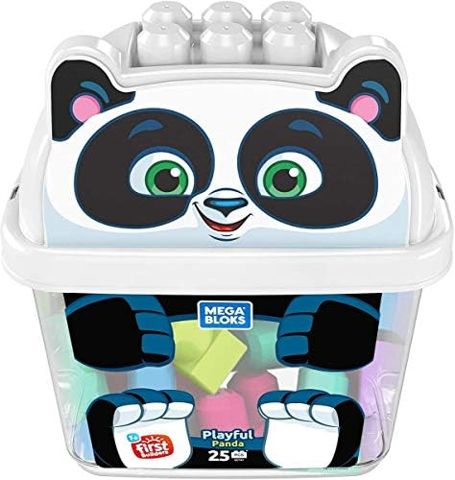 Panda shaped bucket full of toddler building blocks