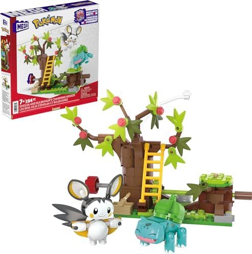 Emolga and Bulbasaur in forest scene with crank