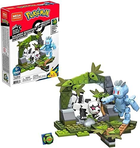 Galarian Zigzagoon popping out of a cave toward Machop