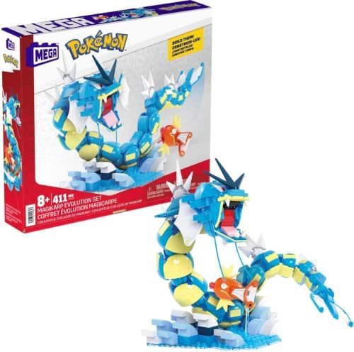 Gyarados coiled above Magikarp on water base