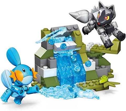 Mudkip and Poochyena battle near a waterfall