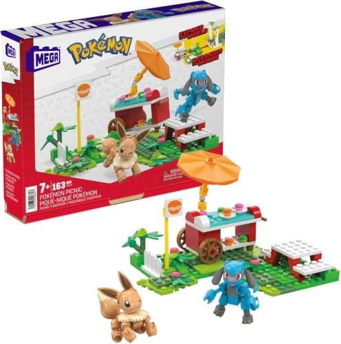 Eevee and Riolu at a buildable picnic food stand