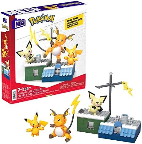 Pichu, Pikachu and Raichu brick figures in evolution scene