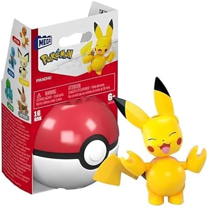 Pikachu mini brick figure beside Poké Ball