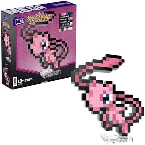 Pink pixel art Mew brick figure on wall