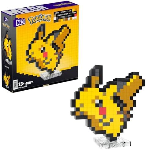 Retro pixel style Pikachu brick figure on shelf