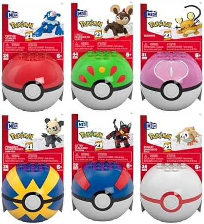 Six colorful Series 21 Poké Balls with figures