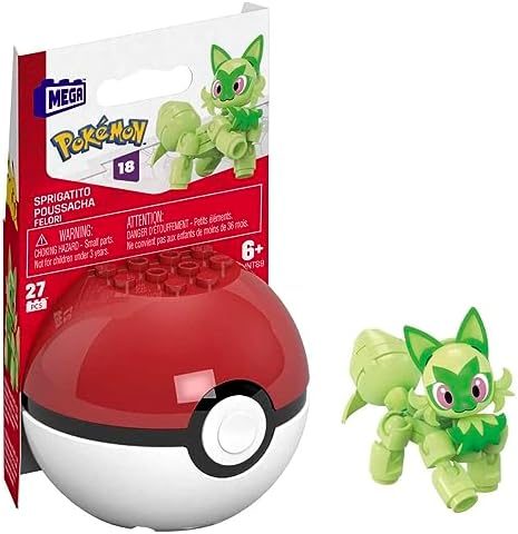 Sprigatito Pokémon brick figure beside its Poké Ball