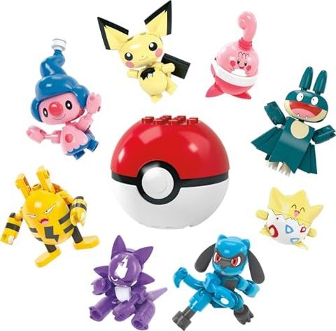 Eight small Pokémon figures with a Poké Ball