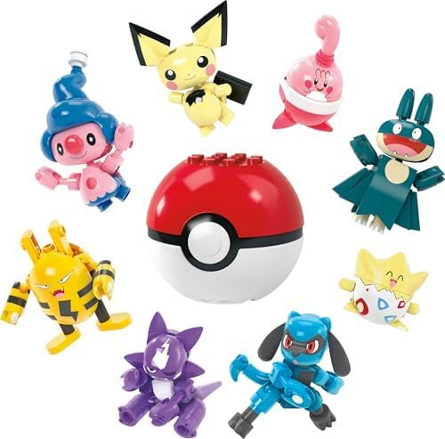 Eight small Pokémon figures with a Poké Ball