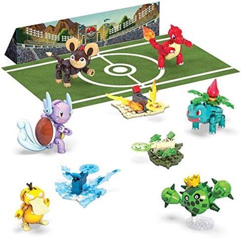 Six Pokémon battling in a stadium with launchers