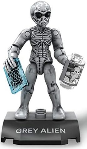 Grey alien micro figure on a printed display stand