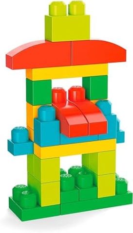 Tall tower of bright First Builders blocks